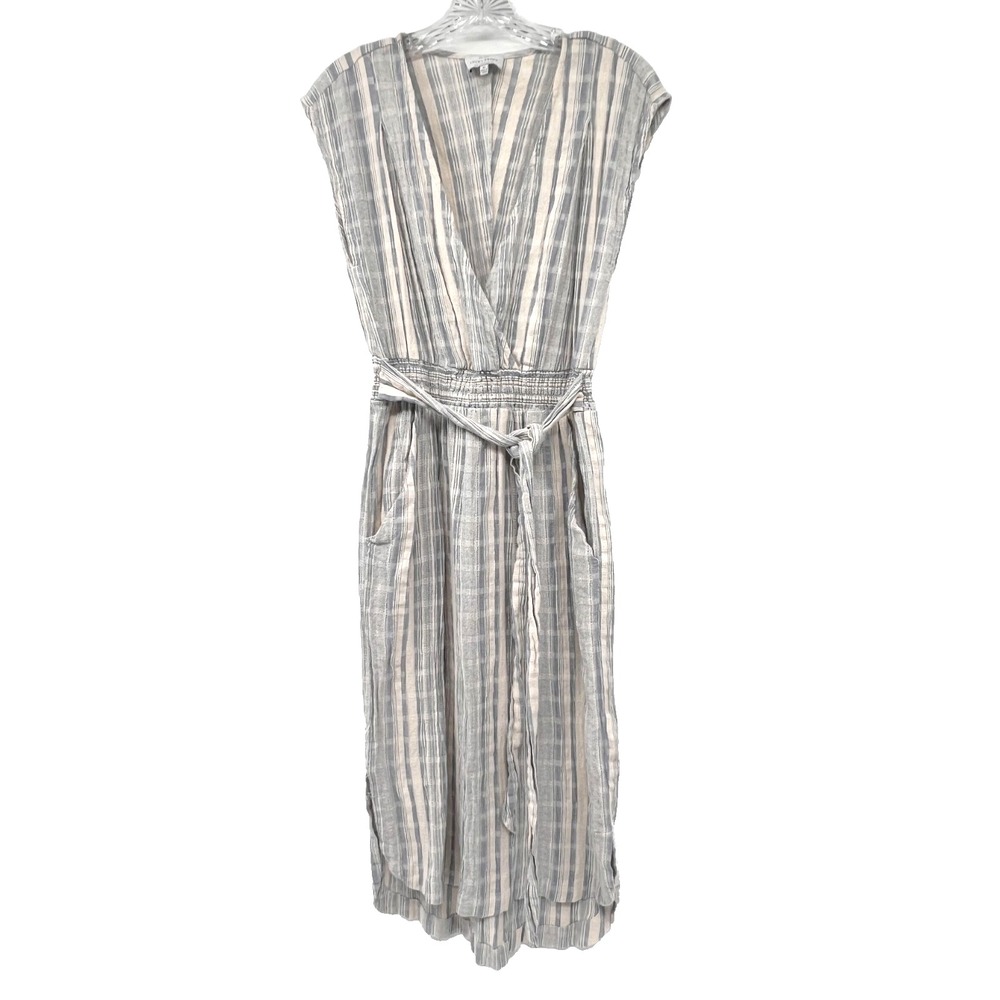 LUCKY BRAND Women's Sz M Beige/Blue Cap-Sleeve V-Neck Faux Wrap Midi Dress